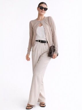 Quince Sand Stretch Crepe Pleated Wide Leg Pants | Neutral Trouser Size 2